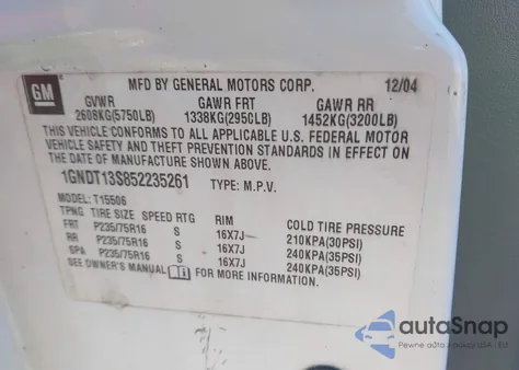 2005 Chevrolet Trailblazer Ls z USA, uszkodzony, nr VIN 1GNDT13S852235261